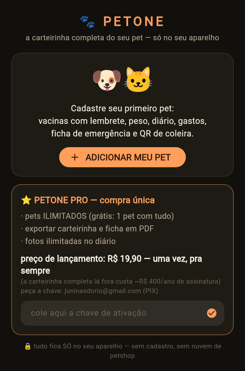 Tela inicial do PetOne de verdade: cadastro do pet e a oferta PetOne Pro por R$ 19,90, pagamento único